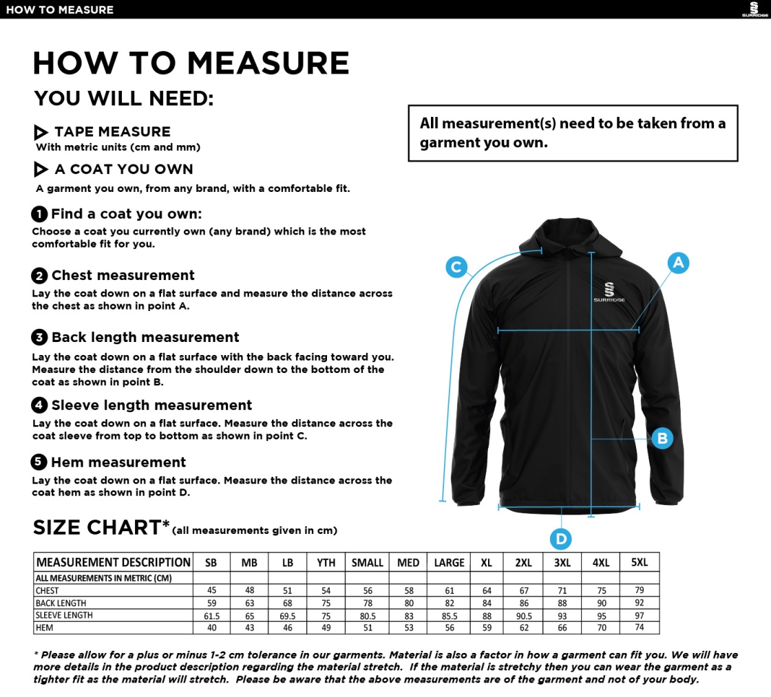 Tor FC - Dual Full Zip Training Jacket - Size Guide