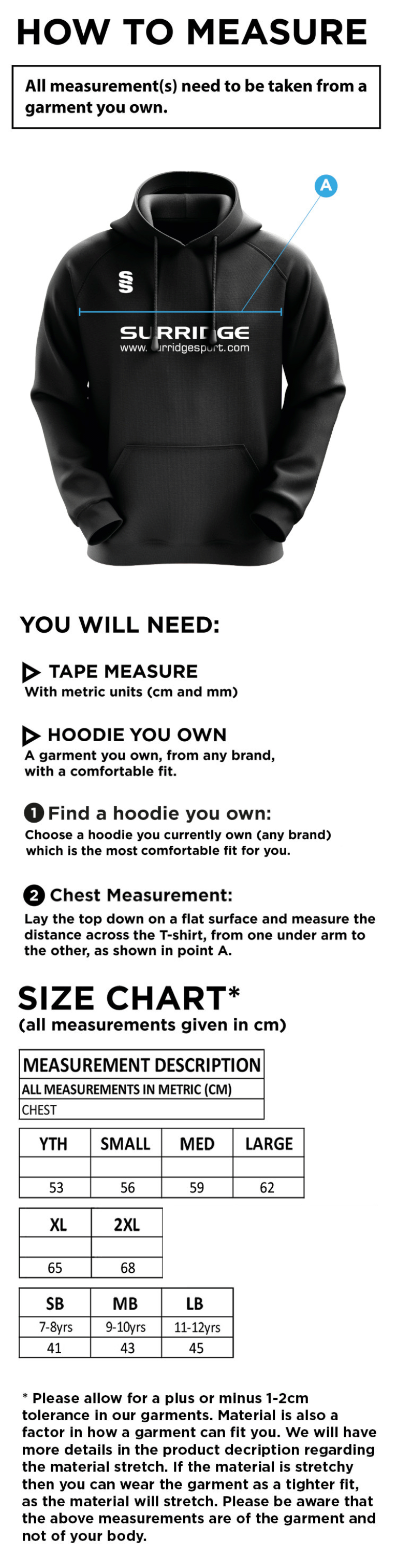 Tor FC - Blade Hoody - Size Guide