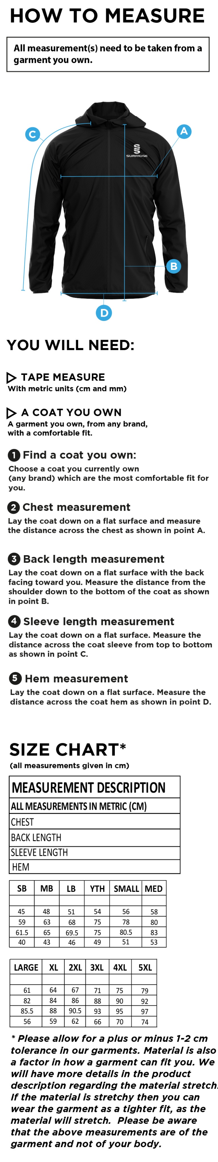 Tor FC - Dual Full Zip Training Jacket - Size Guide